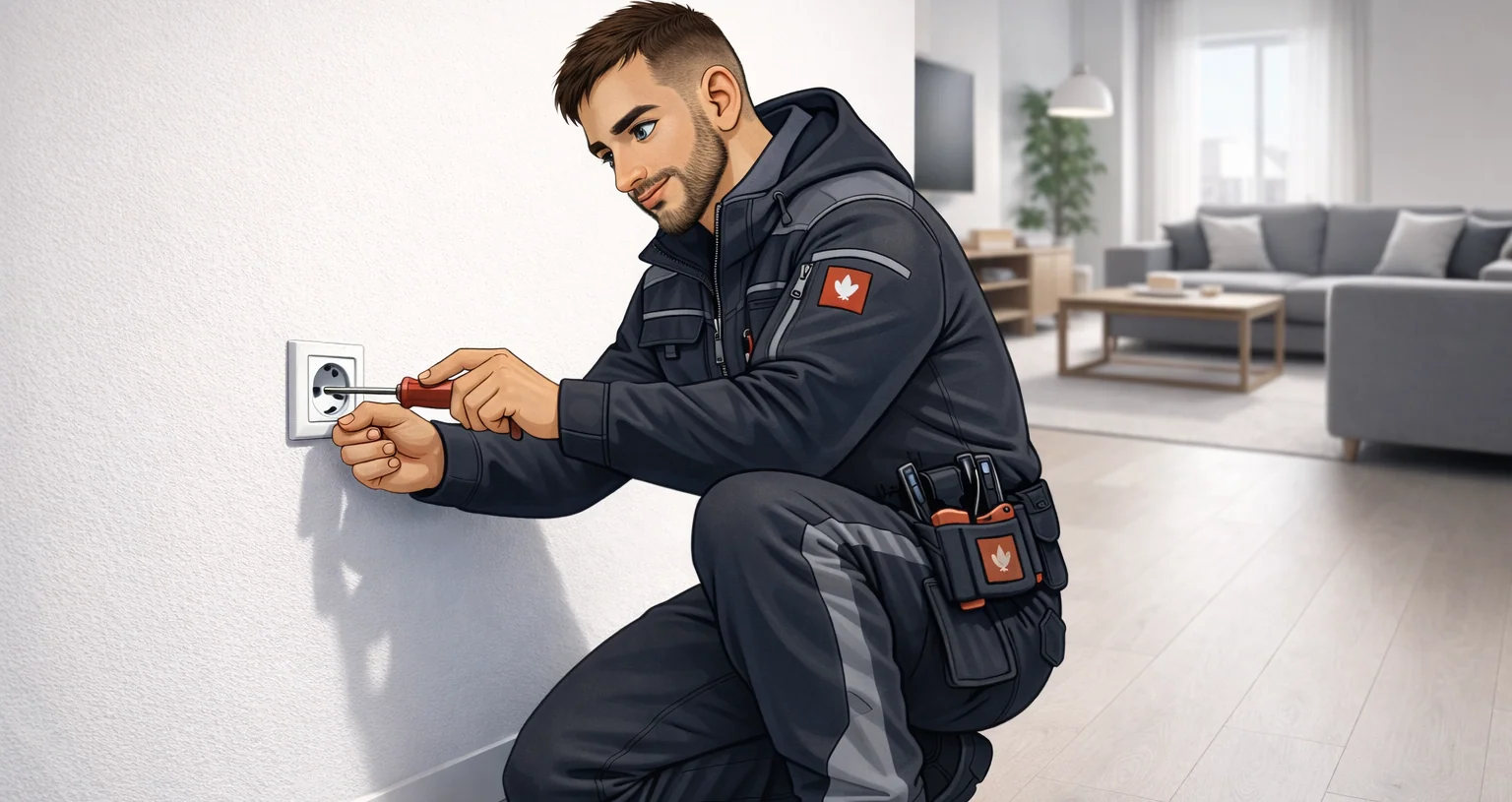 Buchmiller-Avatar bei der Arbeit an einer Steckdose