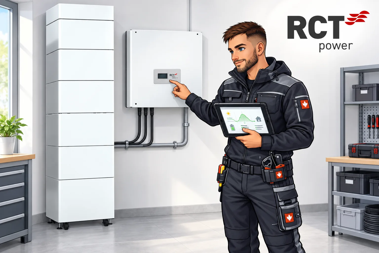 Illustration: Buchmiller-Avatar bei der Prüfung eines RCT Power Wechselrichters neben einem Batteriespeicher